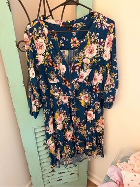 torrid teal floral V-neck Dress with Pink & White Roses